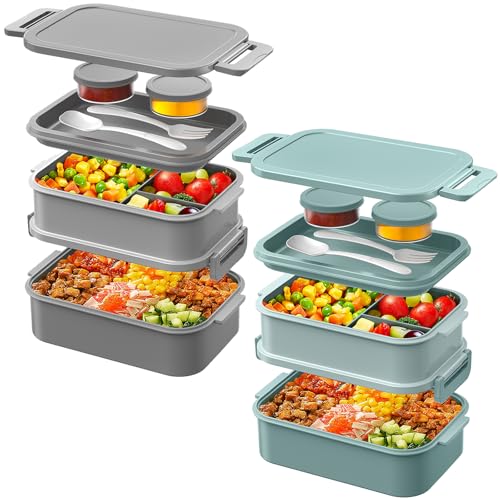 Image of DaCool 2 Pack Adults Lunchbox Bento Box 74 OZ Stackable Lunch Box for Kids Adults Men Women Teens Leakproof Bento Large Lunch Box Container with Fork Spoon Sauce Box for School Work,Grey,Morandi-Green