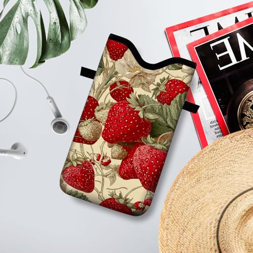 Image of Neoprene Cell Phone Sleeve Pouch Case Bag with Crossbody Strap Neck Lanyard for Women 7.1 X 3.9 in Green Leaf Strawberry