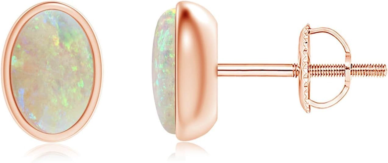 ANGARA Natural Opal Solitaire Earrings for Women | Bezel Set Oval Opal Solitaire Stud Earrings in 14K Solid Gold/Platinum | October Birthday, Anniversary, Gemstone Jewellery Gift