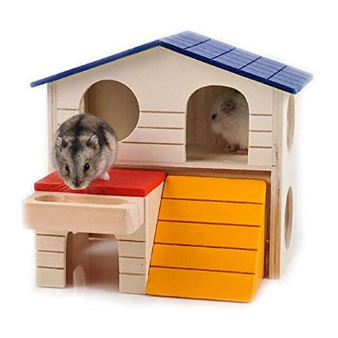 S-Lifeeling Pet Small Animal Hideout Hamster House Deluxe Two Layers Wooden Hut Play Toys Chews Cover