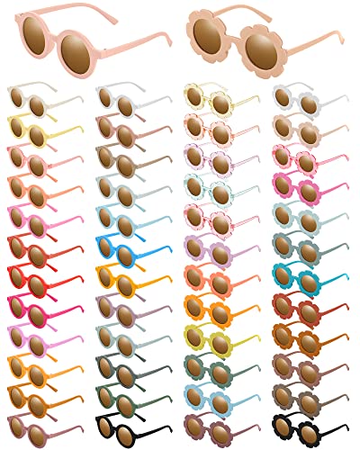 Xuhal 50 Pairs Kids Flower Sunglasses Cute Round Sunglasses Toddler Groovy Circle Glasses Colorful Eyewear for Baby Girls Boys Beach Outdoor Sports Party Favors