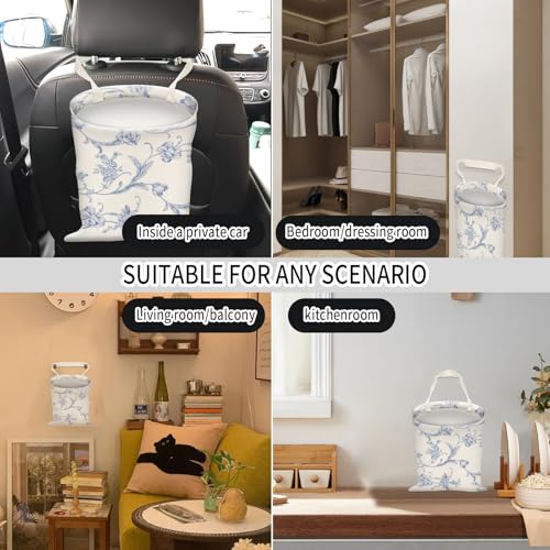 Image of Car Trash Can, Hanging Garbage Bin for Men and Women, Cute Car Organizer and Storage Bag, Canvas Vehicle Trash Can Bag Easy-to-Install Cute Blue Floral
