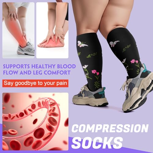Image of 4 Pairs Plus Size Compression Socks,Extra Wide Calf 20-30 mmHg Knee High Compression Socks for Men Women Circulation