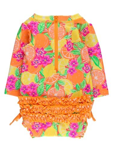 Image of RuffleButts Baby Girls UPF 50+ Sun Protection Floral Printed Long Sleeve One Piece Rash Guard Swimsuit with Zipper
