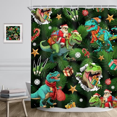 Image of Merry Christmas Kids Dinosaur Santa Claus Bathroom Shower Curtain Set