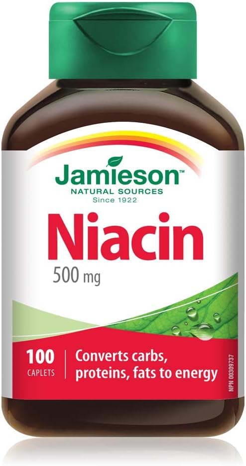 Jamieson Laboratories Jamieson Niacin 500 mg Caplets, Vitamin B3 Supplement, Supports Energy Production and Metabolism. Vegetarian, Gluten-Free, No Artificial Colours, Flavours or Preservatives, 100 Count, Proudly Canadian