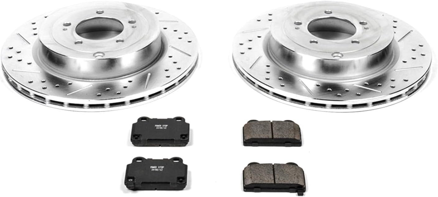 PowerStop Rear Brake Kit For Mitsubishi Lancer 2008-15 - Drilled and Slotted Disc Rotors with Ceramic Brake Pads Replacement, K4741