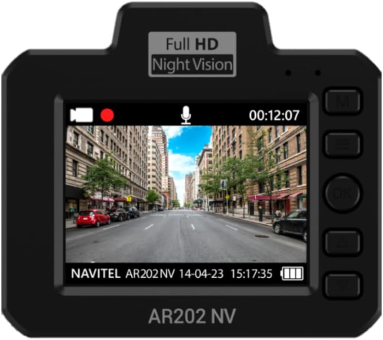 പിൻഭാഗം view of the NAVITEL AR202NV Dash Cam showing the screen displaying live footage