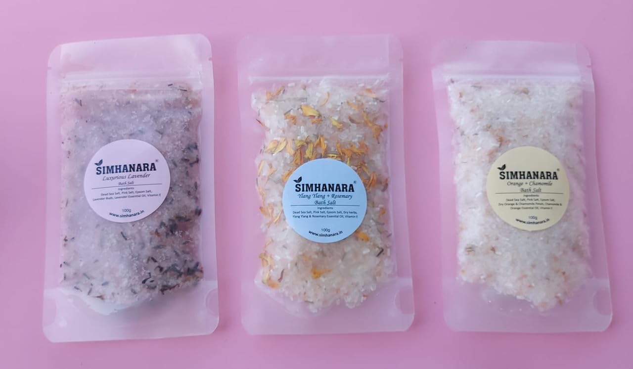 SIMHANARA Pack of 3 Bath Salts (100g Each) - Luxurious Lavender, Ylang + Rosemary, Orange + Chamomile | Relax and Rejuvenate with Soothing Natural Scents | Natural and Nurturing Self-Care Experience-image-38