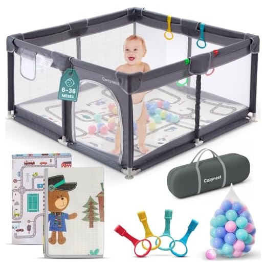 COZYNEST Parque Infantil Bebe 120x120 cm con Alfombra y 30 Bolas de Colores | 4 Agarraderas de Seguridad | Ideal para Niños y Niñas | Corralito bebé antideslizante