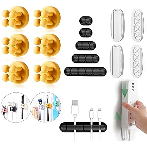 Defrko 6 Pcs Yellow Hooks Toothbrush Holders Hanging Key Clothes for Home Office Kitchen Bathroom - 5 Pcs Cable Clips - 2 Pcs Self Adhesive Power Strip Holder Cable Management Organizer Cover