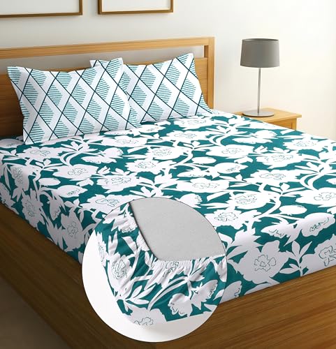 Image of Elastic Fitted Bedsheet with 2 King Size Pillow Covers, Double Bed, All Around Elastic, Floral, 72x78x8 Inches (Green White, Double)