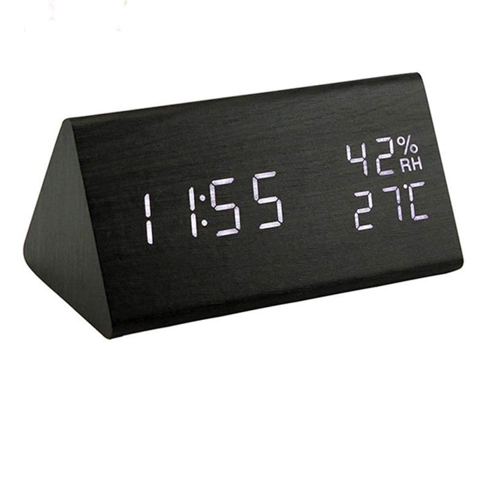 Homieco Black Digital Alarm Clock, Wooden Triangle Bedside Clocks With Led Display Brightness Adjustable, Voice Control, Time, Temperature And Humidity