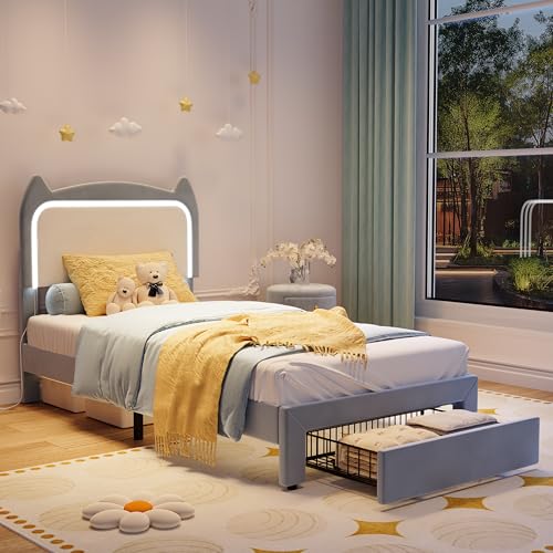 Garvee Twin Upholstered LED Bed Frame with Storage Drawer & Cute Cat Headboard, Velvet Princess Platform Bed Frame with Sturdy Wood Slats Support for