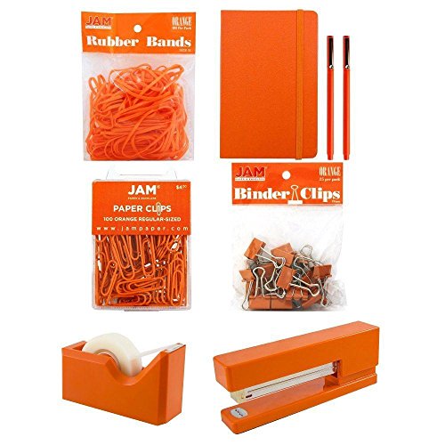 JAM PAPER Complete Desk Kit - Orange - Stapler, Tape Dispenser, Journal, Le Pens, Rubber Bands, Paper Clips & Binder Clips - 7/Pack