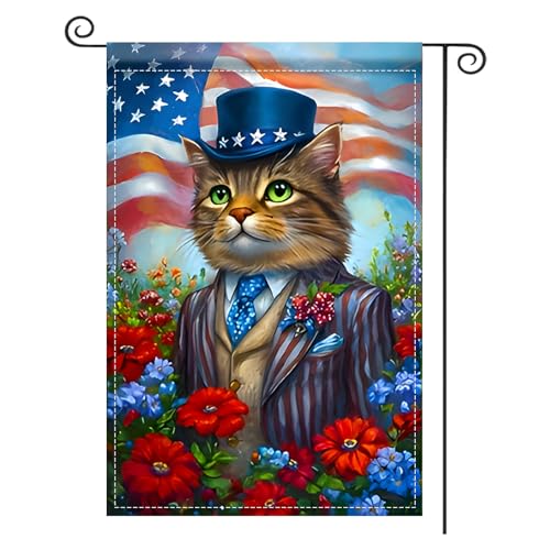Image of Nuxovilar Veterans Day Garden Flag Cat Patriotic Hat 12x18 Polyester | Patriotic Flag, Cat Banner patriotic garden flag, military memorial sign yard, porch, patio (Patriotic Cat)