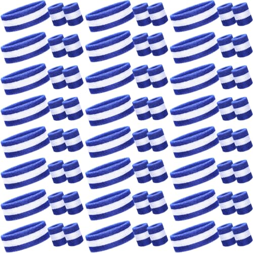 Image of 72 Pcs Bulk Striped Sweatband Set Include 24 Pcs Sweat Absorbing Striped Headbands and 48 Pcs Sweatbands Wristbands Cotton Athletic Sweat Bands for Men Women Gym Sports Workout