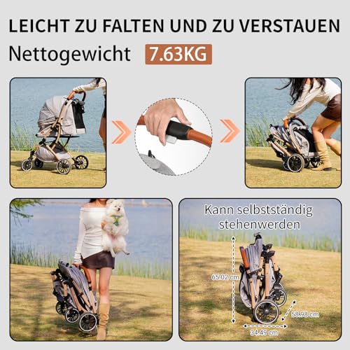 EchoSmile Ein-Knopf-Falt Hundewagen, Hundebuggy bis 20kg für kleine mittel Hunde & Katzen, Hunde Buggy & Katzenwagen mit Umkehrbarer Griff, Stoßdämpfung & Abnehmbares Waschbares Pad (Grau)