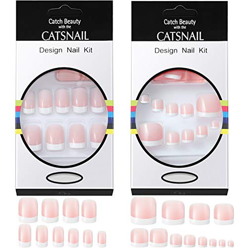 96 Pieces French False Nails and Toe Nails Kit Artificial Acrylic Full Cover French Nails Tips Pink White Fake Fingernails, Includes 4 Sheets Nail Adhesive Tabs