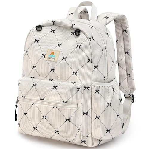 Image of STEAMEDBUN Corduroy Kids Backpack for Girls and Boys 5-8: Girls Backpack for Elementary Kindergarten - 15 inch Cute Backpacks for Kids - Bow
