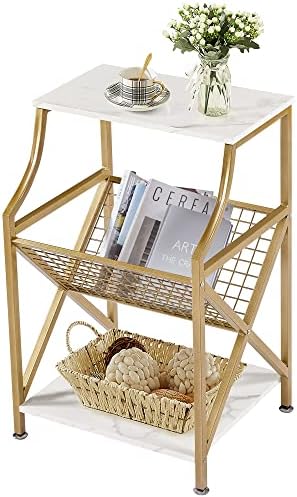 VECELO Side Storage Magazine Holder, 3-Tier Record Player Stand, End Tables for Bedroom, Living Room, Small Space, White, 1 Pack