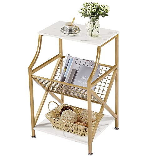 Vecelo Side Storage Magazine Holder, 3-Tier Record Player Stand, End Tables For Bedroom, Living Room, Small Space, White, 1 Pack #TOP16