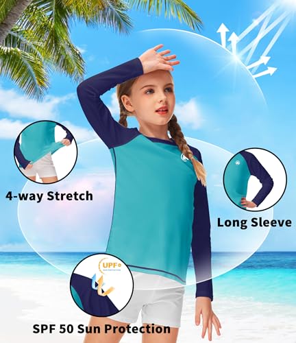Image of AOBUTE Unisex Kids Rash Guard Long Sleeve SPF 50+ Sun Shirt UV Protection Swim Shirts 3-12 Years