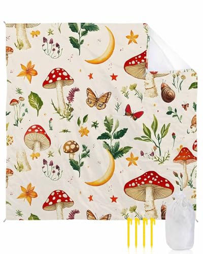 Beach Blanket Sandproof Waterproof Picnic Blankets Pastoral Red Mushroom Leaves Extra Large Lightweight Outdoor Beach Mat with Corner Pockets for Travel/Camping/Hiking Farm Wild Flowers Snail