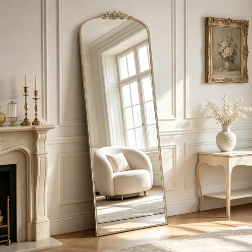 Image of WallBeyond Gold Vintage Full Length Mirror with Stand for Vanity 24x70 Inch, Gold Antique Mirror with Ornate Frame, Arched Vintage for Bathroom, Living Room, Bedroom, Entryway