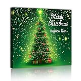 光るクリスマスツリーキャンバスウォールアートお祝いグリーンポスターペインティング年末年始フレームアートワークリビングルーム装飾70x70cmインナーフレーム