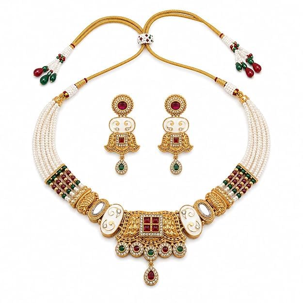 Ethnic Pearl Choker Necklace Set with Earrings for Women | Gold Tone Kundan Meenakari Bridal Jewellery-image-47