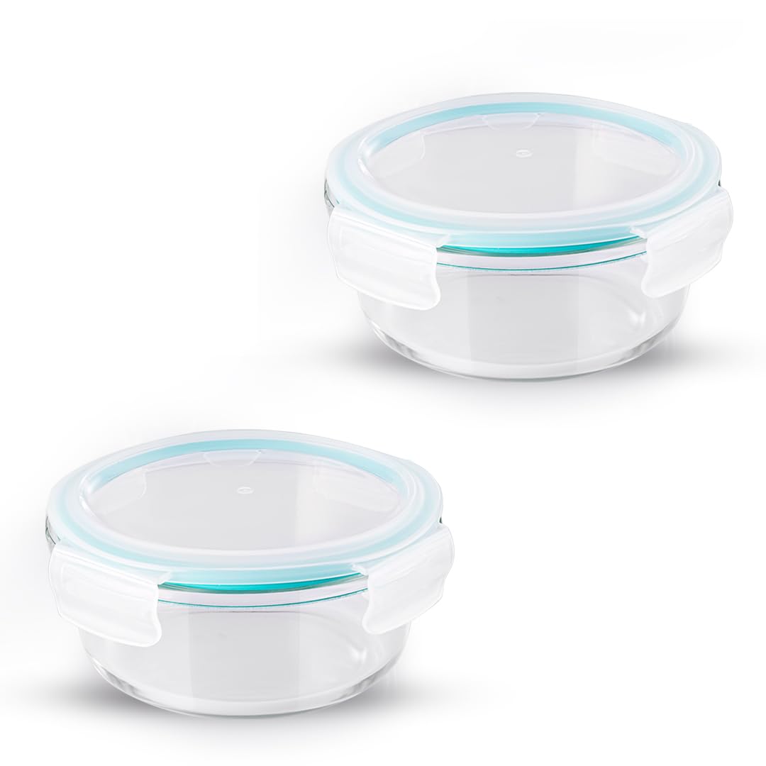Attro Glassox Classic Round Lunch Box with Locking Lid Borosilicate Glass Lunch Box Food Storage Fridge Organiser Microwave & Freezer Safe Set of 2 390ml (B0CZ48MJRQ) Amazon Price History, Amazon Price Tracker