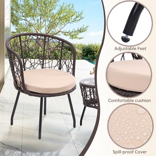 Image of Kromax 3-Piece Patio Modern Bistro Set, Brown /Begie | Outdoor All-Weather Wicker Furniture Chairs and Side Table Set, Ideal for Balcony, Porch and Backyard