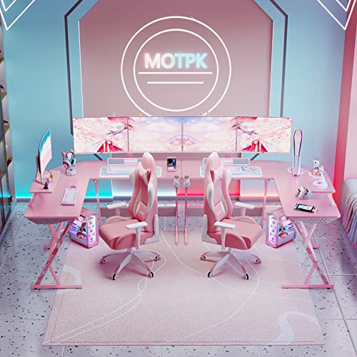 Motpk Pink Gaming Desk L Shaped, Gamer Desk Gaming Table With Carbon Fiber Texture, Corner Computer Desk L Shape With Monitor Stand & Cup Holder & Headphone Hook, 51 Inch, For Women & Girls Gift #TOP6