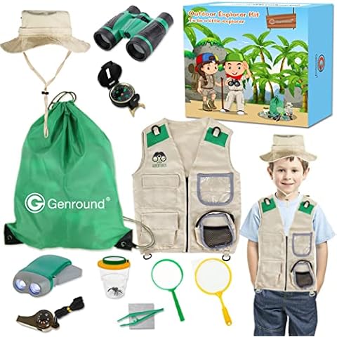 Genround Child Outdoor Explorer Kit Toy, with Kids Safari Hat Explorer Vest Costumes, Compass & Binoculars - Bug Hunting Adventure Gifts for 6-10 Years Old Boys Girls, Outdoor Early Learning Sets Cover