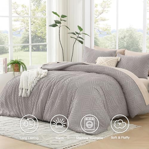 Image of Litanika King Size Comforter Set Milk Grey, 3 Pieces Cream Tufted Boho Farmhouse Bedding Comforter Sets, Lightweight Fluffy Comforter Bed Set for All Season (104x90In Comforter and 2 Pillowcases)