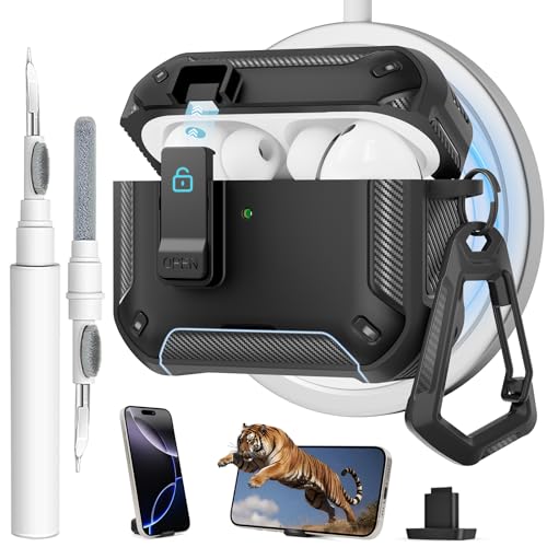 Image of for AirPods Pro 3 Case with Magnetic Lock and Phone Stand, Compatible with Magsafe Charging,with Carabiner&Cleaner kit for Apple iPod Pro 3rd Generation Cover(2025) Men Women (Black)
