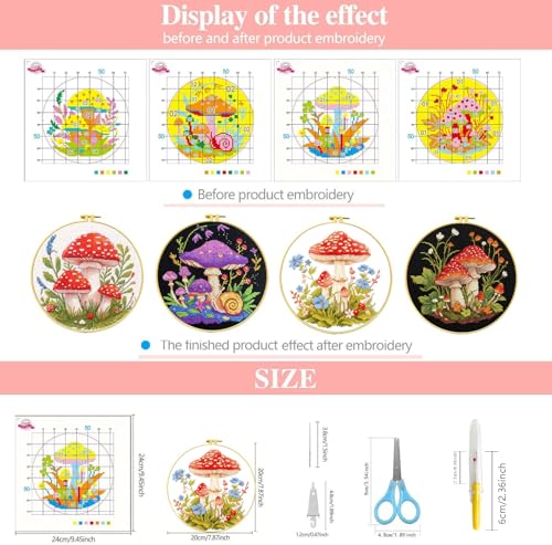 Image of Zhenqing 4 Mushroom Cross Stitch Kit for Beginners, 11CT Printed White Cotton Fabric 24x24cm with Hoop, Fantasy Forest Embroidery Set(69036)
