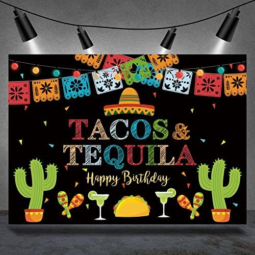 Rsuuinu Mexican Fiesta Backdrop Happy Birthday Tacos and Tequila Colorful Lights Background Drop Cinco De Mayo Backdrop for Pictures Birthday Party Mexican Decorations Banner Photo Booth Props 7x5ft