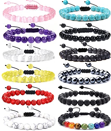 Finzor 12Pcs 8Mm Healing Stone Beads Bracelets For Women Men Semi-Precious Gemstone Crystal Beaded Bracelets Lava Rock Tiger Eye Amethyst Chakra Bracelets Unisex Adjustable #TOP22