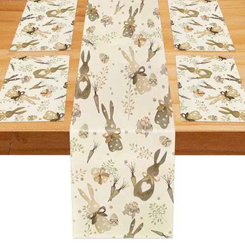 GreenYeah Chemin de Table de Pâques avec 4PCS Sets de Table à Pois Lapins et Carottes de Pâques, Chemin Table Lapin, Chemin de Table Saisonnier, Déco de...