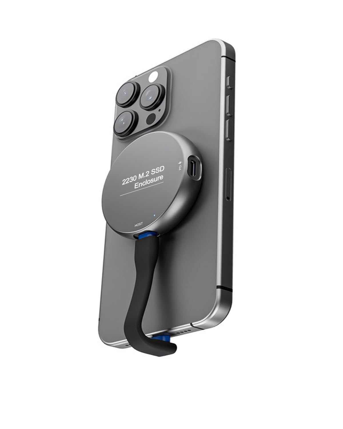 Magnetic M.2 2230 NVME Enclosure with for External Storage for iPhone 15/16 Pro Max, USB C 3.2 Gen2 10Gbps to NVMe Adapter, 100W PD Charging, Aluminum External SSD Case for Android/iPad/MacBook Grey round