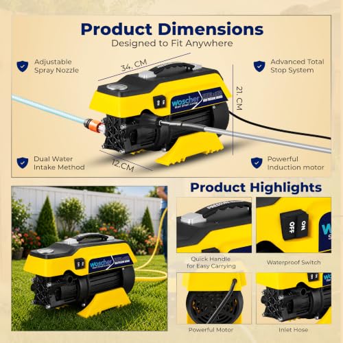 Image of Woscher 879 Waterpro High Pressure Washer, 2400 Watts, 240 Bars, 10L / Min Flow Rate, 8 Metres Outlet Hose, Portable, for Car, Bike and Home Cleaning Purpose, Black & Yellow