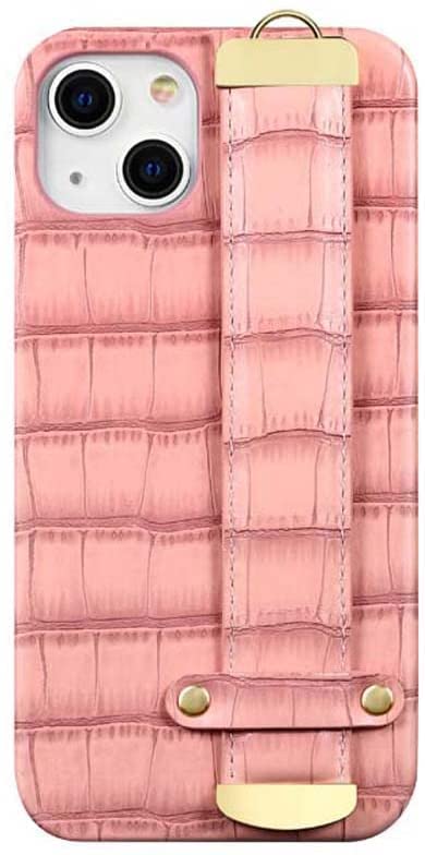 Coque iPhone 13 Mini effet crocodile chic en cuir rose avec support bracelet