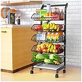 Fruit and Vegetable Bascket, 5 Tier Stackable Metal Wire Basket Cart, Rolling Carts with Lockable Wh