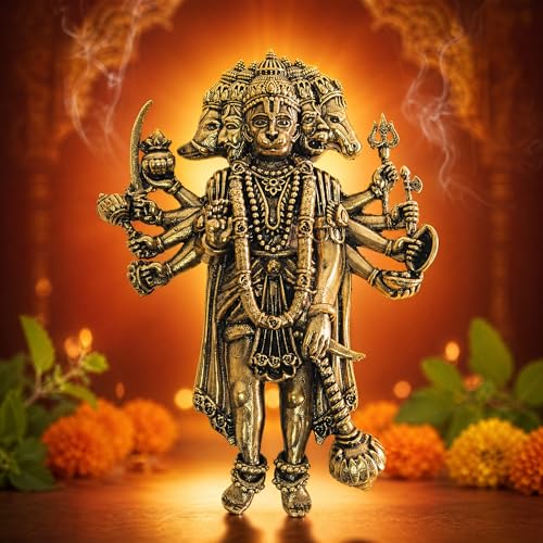 Image of Plus Value Brass Panchmukhi Hanuman Wall Hanging for Main Door Entrance - 4 Inch Idol | Handcrafted Pital Statue | Vastu Protection Yantra | Antique Gold Finish | Home Decor 98gm