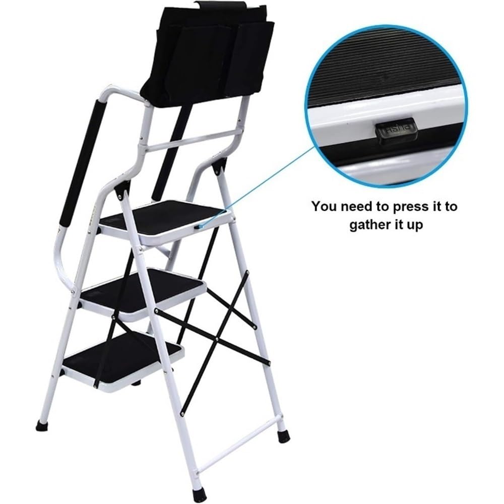 escabeau Échelle à Outils Pliable et Portable, Cadre en Acier, capacité de Charge maximale 500 LB, accoudoirs latéraux antidérapants, Grande Surface, pédales, Sac Amovible pour entrepôt(Blanc)