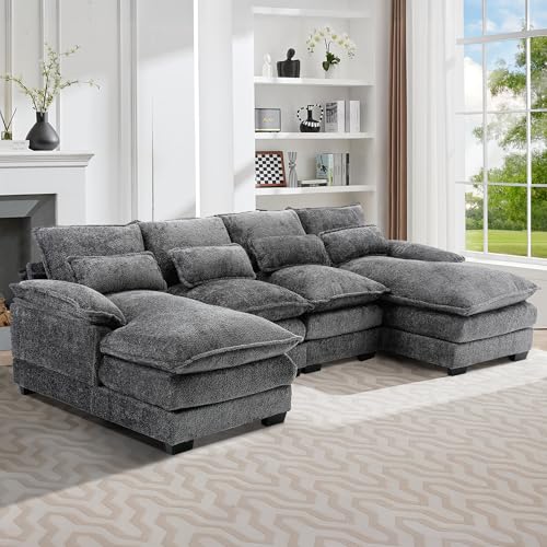 Image of JMYMRY 110" U Shaped Couch, 4 Seat Sectional Couch, High Dense Memory Foam with Double Chaise Lounge &Memory Foam Wooden Frame for Living Room (Grey)
