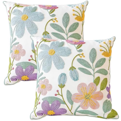 VEEKAY 2er Set 45x45cm Kissenbezug Bestickte Stickerei Bunte Blumen Kissenhüllen Zierkissenbezug Dekokissen Kissenbezüge für Sofa Schlafzimmer Couch Kissen