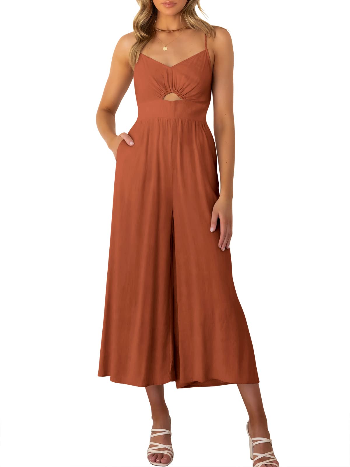 PrinbaraWomen's Summer V Neck Spaghetti Straps Cutout Smocked High Waist  Wide Leg Jumpsuits Rompers with Pockets